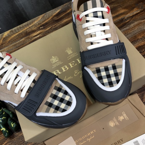 Burberry Ramsey Vintage Check Suede Leather Sneakers Grey Archive Beige