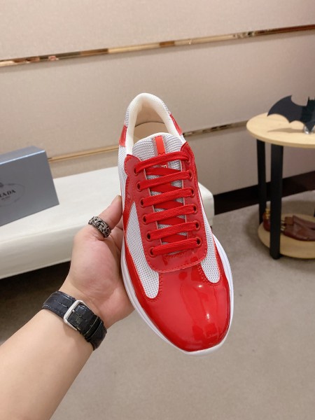 Prada America's Cup Patent leather fabric round toe fashion low top lifestyle casual shoes for women silver red