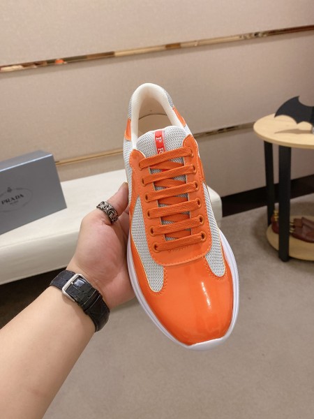 Prada America's Cup Patent leather, comfortable and versatile, low-top, casual shoes, men's style, white and orange