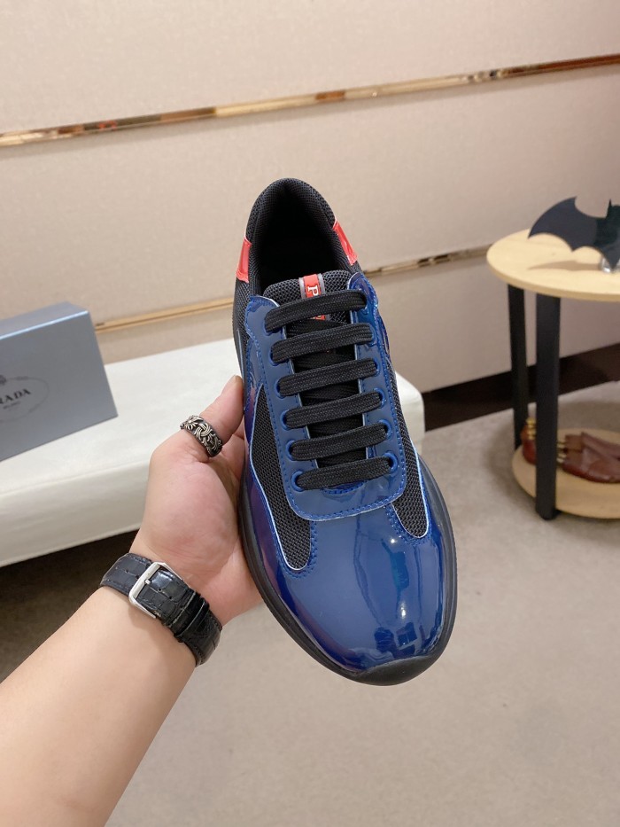 Prada America's Cup Patent leather round toe lace-up low-top lifestyle shoes for men navy blue