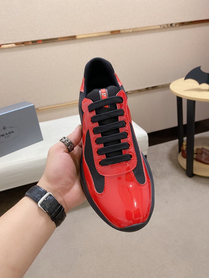 Prada America's Cup Patent leather lace-up round toe wear-resistant low-top sports casual shoes for men black and red