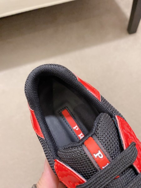 Prada America's Cup Patent leather lace-up round toe wear-resistant low-top sports casual shoes for men black and red
