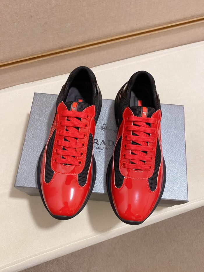Prada America's Cup Patent leather shock-absorbing, non-slip, wear-resistant and breathable low-top sports shoes for men, red and black