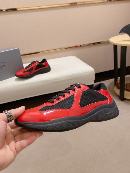 Prada America's Cup Patent leather lace-up round toe wear-resistant low-top sports casual shoes for men black and red