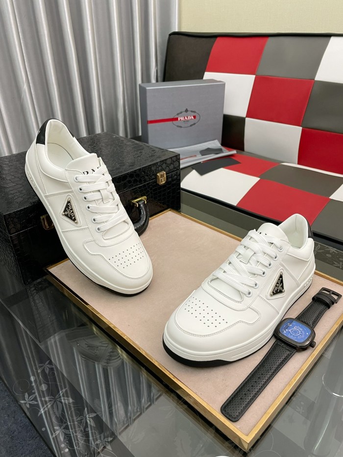 PRADA Downtown Perforated Leather Sneakers 'White Black'