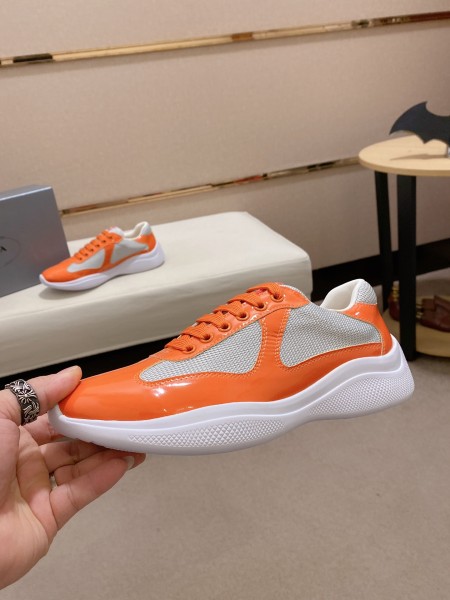 Prada America's Cup Patent leather, comfortable and versatile, low-top, casual shoes, men's style, white and orange