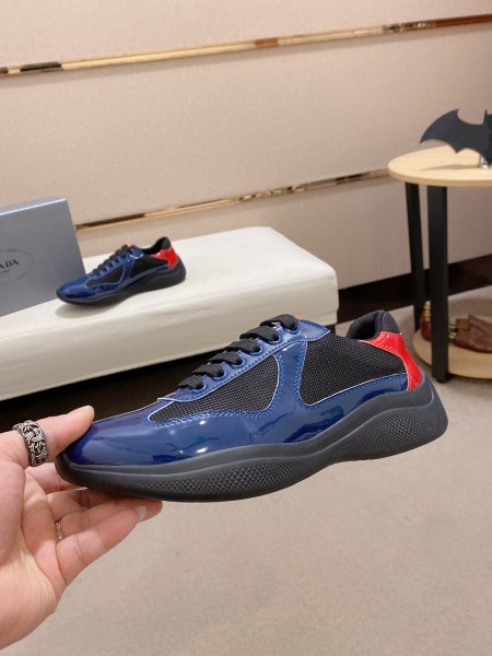 Prada America's Cup Patent leather round toe lace-up low-top lifestyle shoes for men navy blue