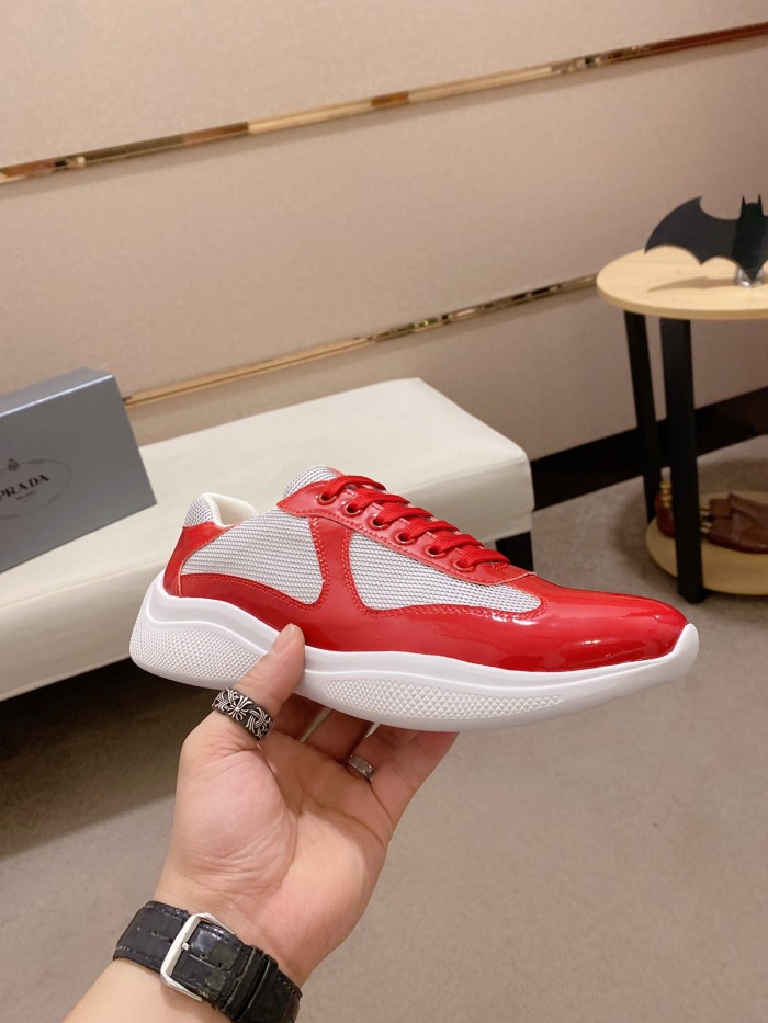 Prada America's Cup Patent leather fabric round toe fashion low top lifestyle casual shoes for women silver red