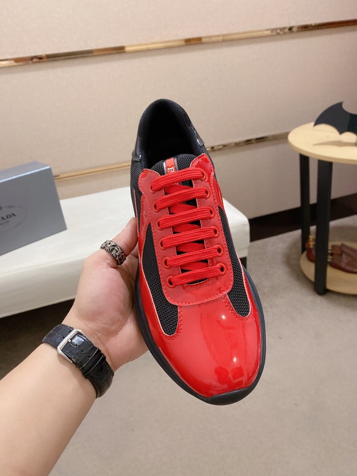 Prada America's Cup Patent leather shock-absorbing, non-slip, wear-resistant and breathable low-top sports shoes for men, red and black
