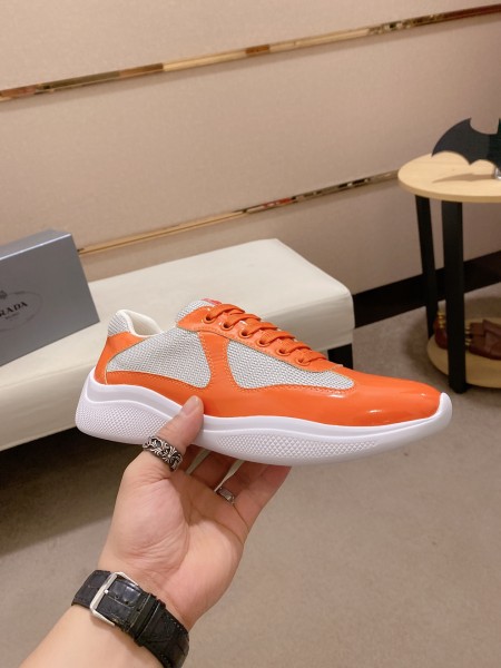 Prada America's Cup Patent leather, comfortable and versatile, low-top, casual shoes, men's style, white and orange