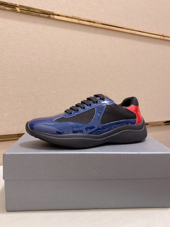Prada America's Cup Patent leather round toe lace-up low-top lifestyle shoes for men navy blue