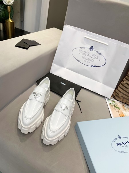 PRADA Brushed Leather Pointy Monolith Loafers 'White' Women's