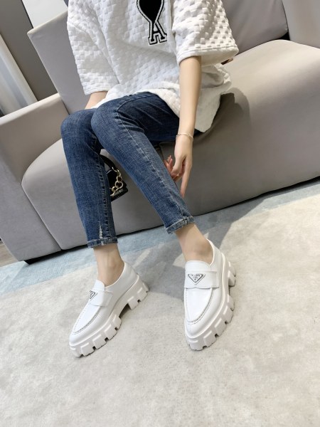 PRADA Brushed Leather Pointy Monolith Loafers 'White' Women's