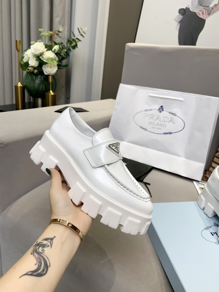 PRADA Brushed Leather Pointy Monolith Loafers 'White' Women's