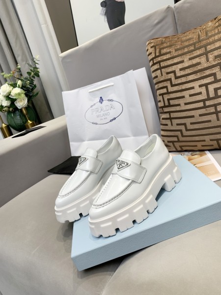 PRADA Brushed Leather Pointy Monolith Loafers 'White' Women's