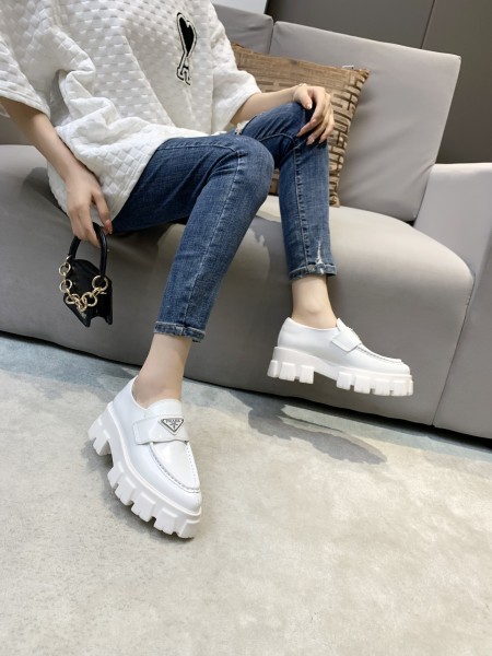 PRADA Brushed Leather Pointy Monolith Loafers 'White' Women's
