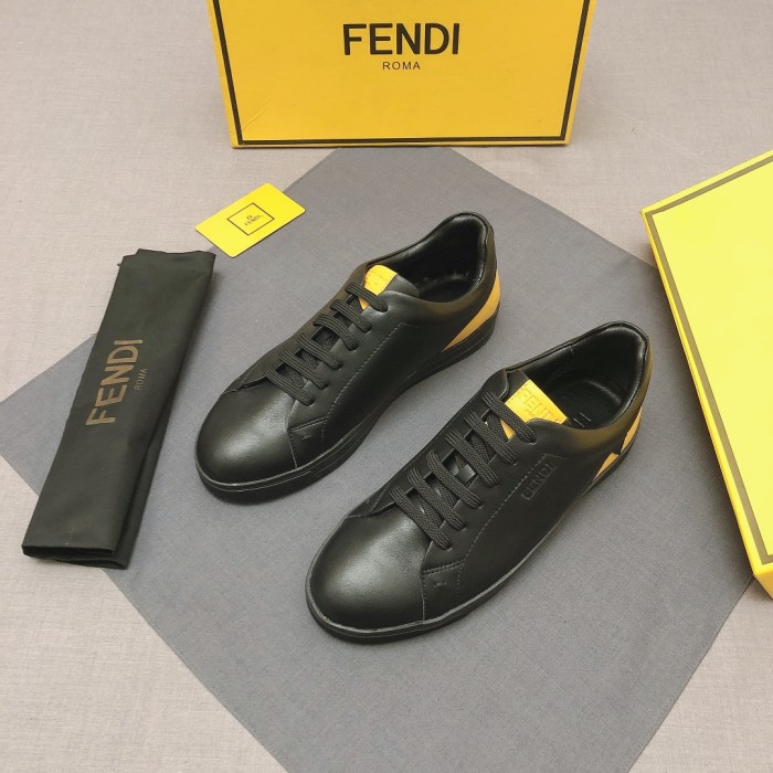 FENDI Red Eye Leather Lace Up Low top Stylish Skateboarding Shoes Men's Black Yellow