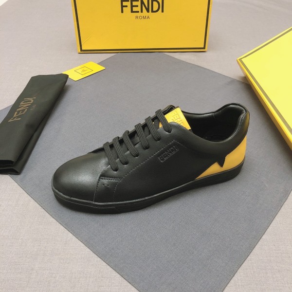 FENDI Red Eye Leather Lace Up Low top Stylish Skateboarding Shoes Men's Black Yellow