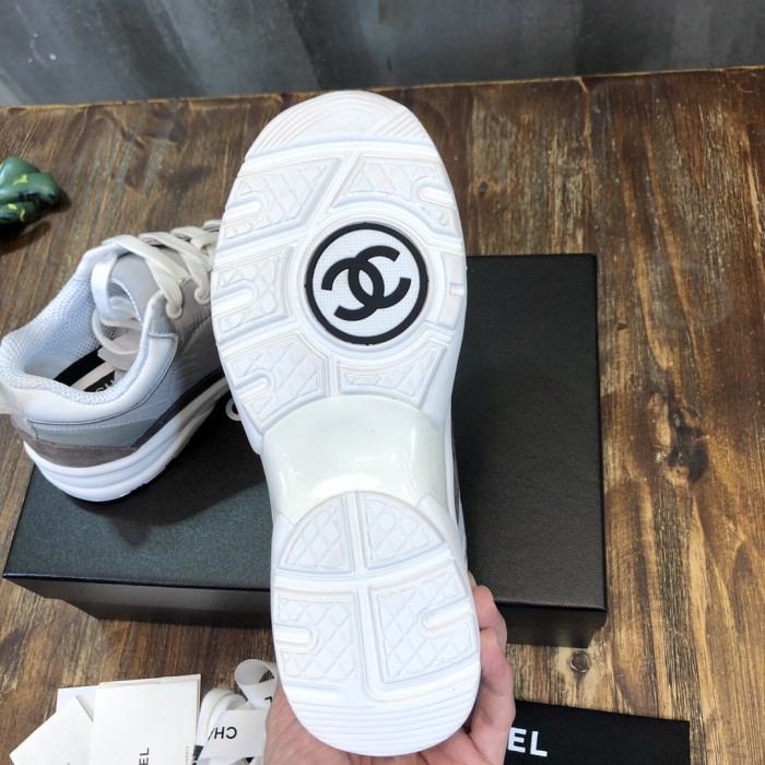 CHANEL Leather Nylon Logo Platform Low-top Lifestyle Shoes Women's White Gray
