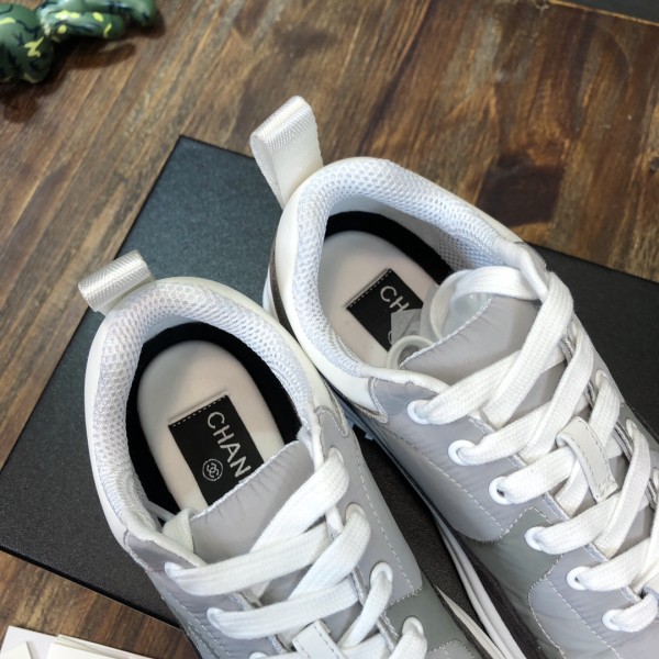 CHANEL Leather Nylon Logo Platform Low-top Lifestyle Shoes Women's White Gray