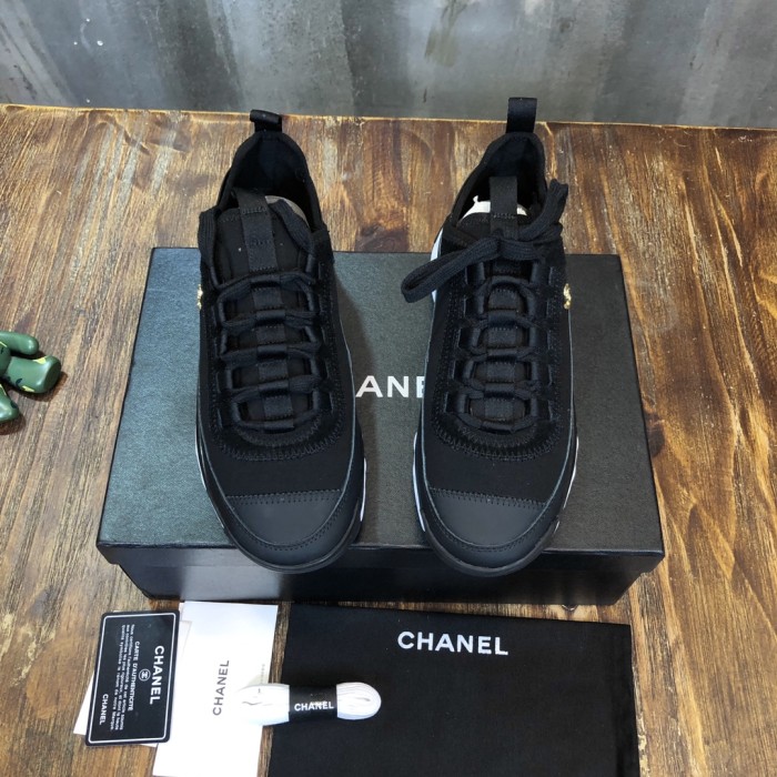 CHANEL leather round toe lace-up wear-resistant low-top casual shoes for women black