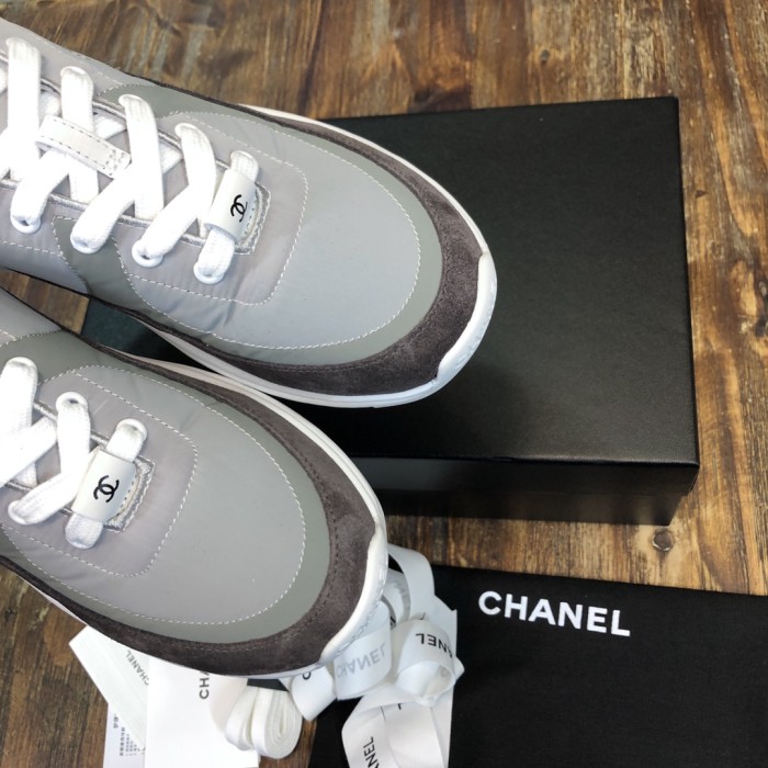 CHANEL Leather Nylon Logo Platform Low-top Lifestyle Shoes Women's White Gray