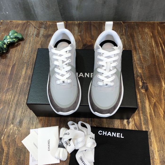 CHANEL Leather Nylon Logo Platform Low-top Lifestyle Shoes Women's White Gray