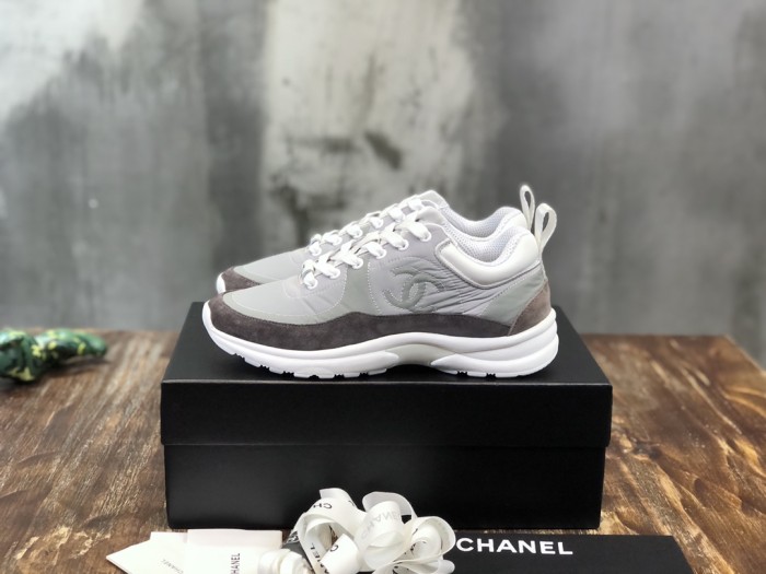 CHANEL Leather Nylon Logo Platform Low-top Lifestyle Shoes Women's White Gray