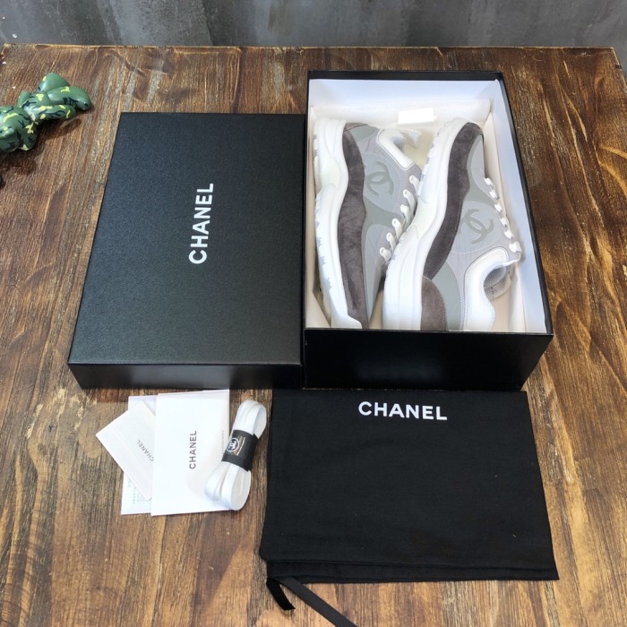 CHANEL Leather Nylon Logo Platform Low-top Lifestyle Shoes Women's White Gray