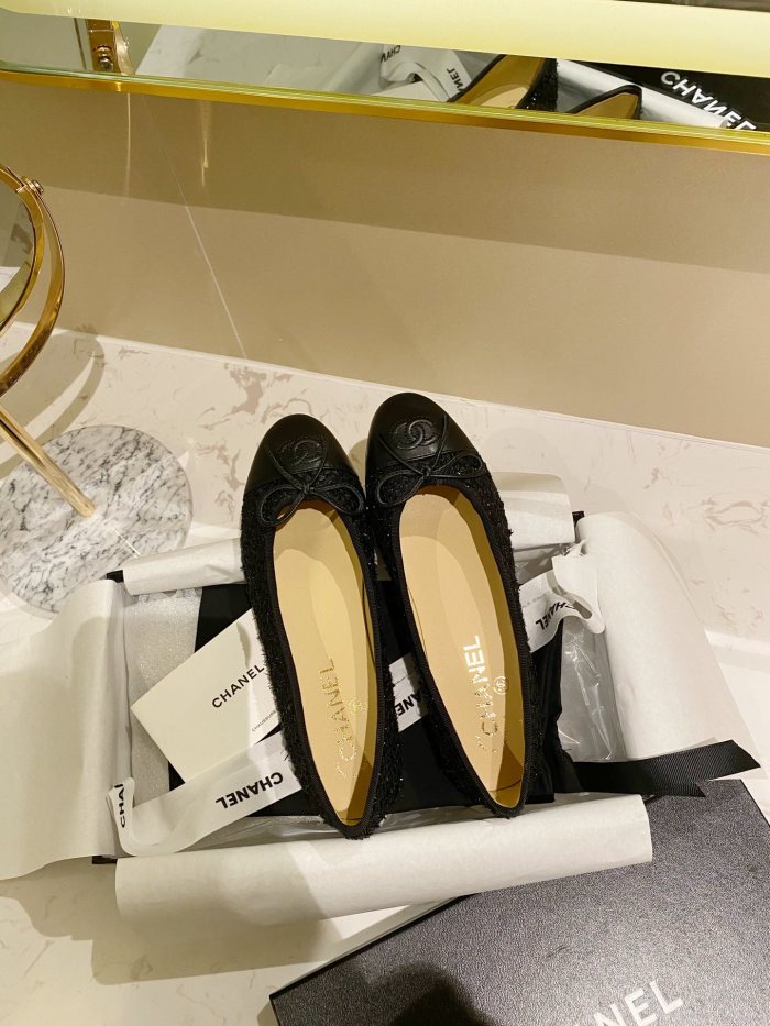 CHANEL Sequined Grosgrain Bow Flats Women's Black