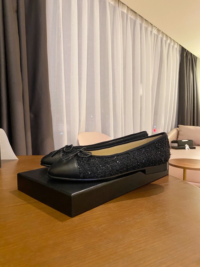 CHANEL Sequined Grosgrain Bow Flats Women's Black