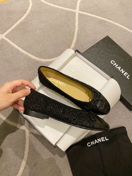 CHANEL Sequined Grosgrain Bow Flats Women's Black