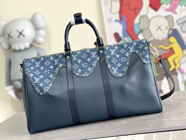 LOUIS VUITTON x NIGO co-branded keepall 50 full print old flower denim with leather and cowhide trim monkey bag hand-held shoulder crossbody travel bag M45975 size 50*23*29 cm