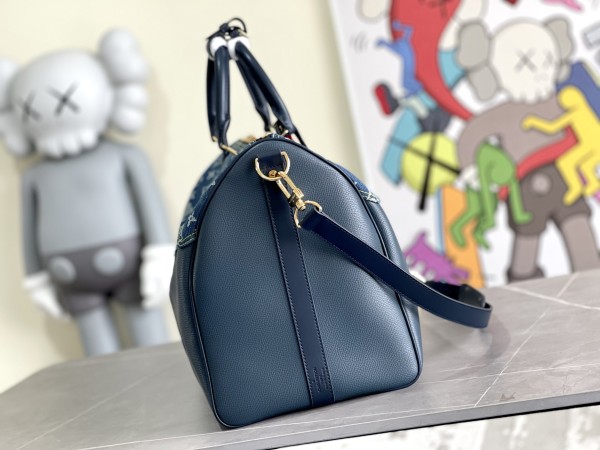 LOUIS VUITTON x NIGO co-branded keepall 50 full print old flower denim with leather and cowhide trim monkey bag hand-held shoulder crossbody travel bag M45975 size 50*23*29 cm