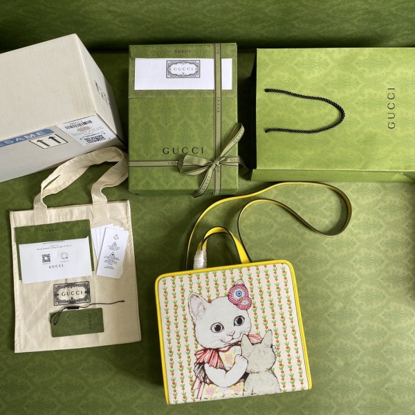 GUCCI Canvas With Leather Handbag, Kids' Bag Kids' Yellow White Candy 605614-H6UAH-8954 size 28.5*11*25 cm