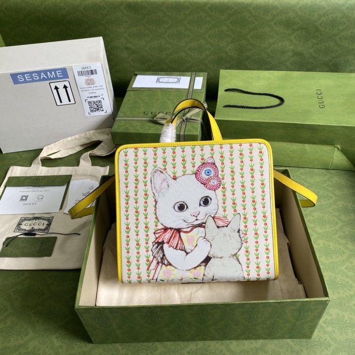 GUCCI Canvas With Leather Handbag, Kids' Bag Kids' Yellow White Candy 605614-H6UAH-8954 size 28.5*11*25 cm