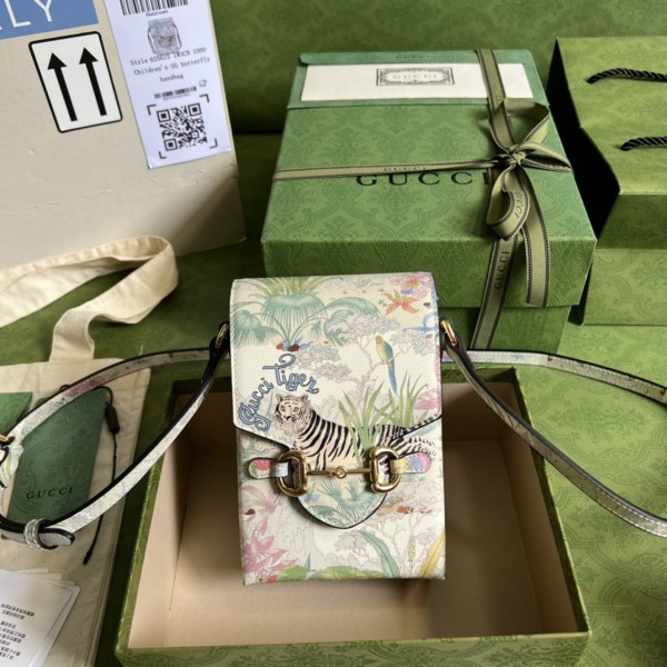 GUCCI Horsebit 1955 Leather Cell Phone Pouch Cigarette Case Bag Shoulder Bag Crossbody Bag Mini Unisex White/Multicolor 625615-UTJ0C-9270 size 11.5*4*17 cm
