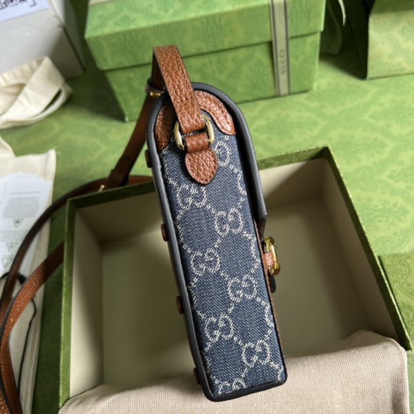 GUCCI Horsebit 1955 Horsebit Logo Denim Leather Cigarette Case Shoulder Bag Crossbody Bag Mobile Phone Bag Mini Unisex Couples Blue/Brown 625615-2KQGG-8375 size 11.5*4*17cm
