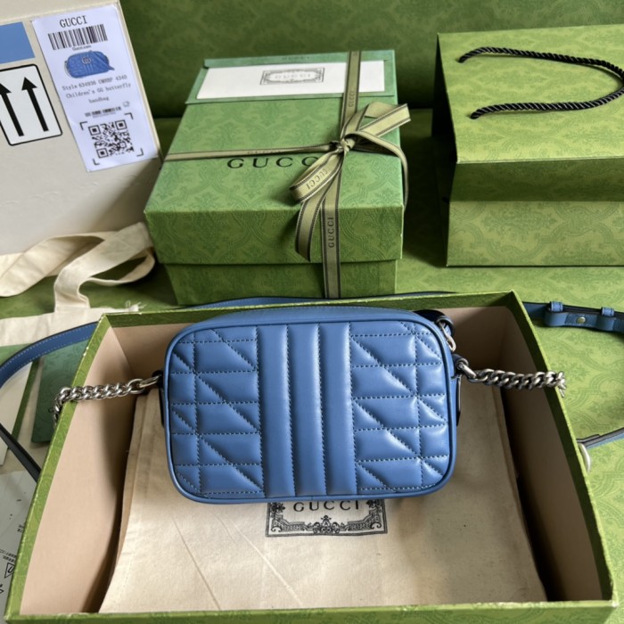 GUCCI GG Marmont Leather Camera Bag, Crossbody Bag, Shoulder Bag Mini Women's Blue 634936-UM8BF-4340 size 17.78*6.1*11.94 cm