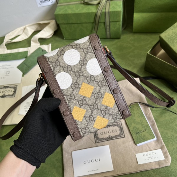 GUCCI Horsebit 1955 Canvas With Leather Cell Phone Pouch Shoulder Bag Crossbody Bag Mini Unisex Ebony/Brown 625615-UQHFG-8679 size 11.5*4*17 cm