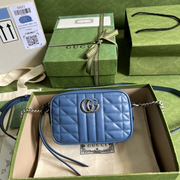 GUCCI GG Marmont Leather Camera Bag, Crossbody Bag, Shoulder Bag Mini Women's Blue 634936-UM8BF-4340 size 17.78*6.1*11.94 cm