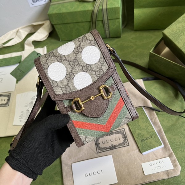 GUCCI Horsebit 1955 Canvas With Leather Cell Phone Pouch Shoulder Bag Crossbody Bag Mini Unisex Ebony/Brown 625615-UQHFG-8679 size 11.5*4*17 cm