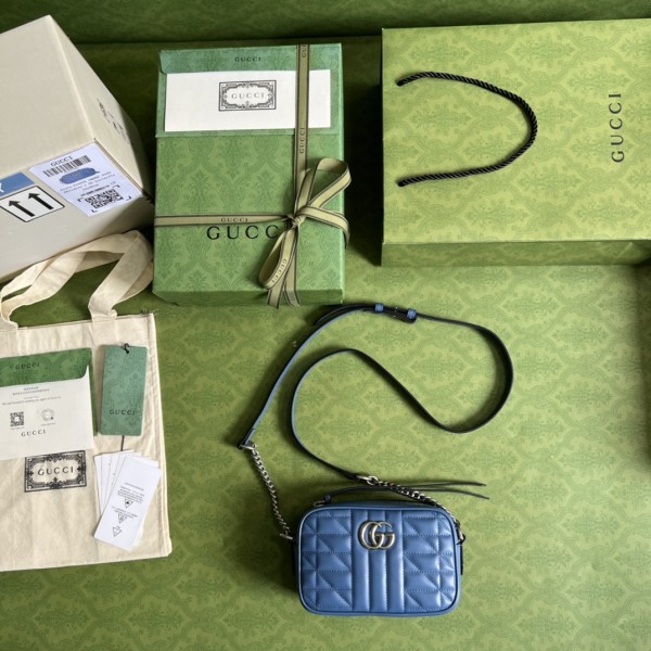 GUCCI GG Marmont Leather Camera Bag, Crossbody Bag, Shoulder Bag Mini Women's Blue 634936-UM8BF-4340 size 17.78*6.1*11.94 cm