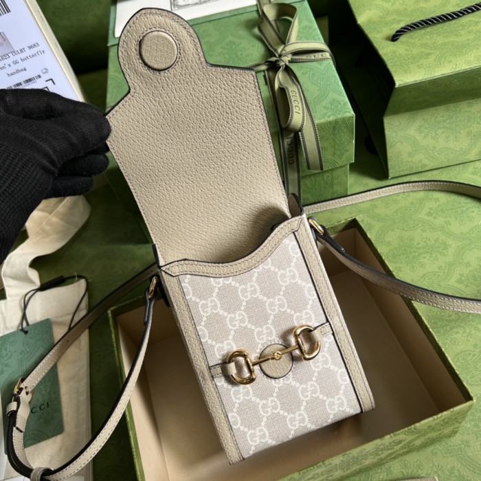 GUCCI Horsebit 1955 Logo Canvas Mini Phone Bag Box Shoulder Bag Beige 625615-92TCG-9761 size 11.5*4*17 cm
