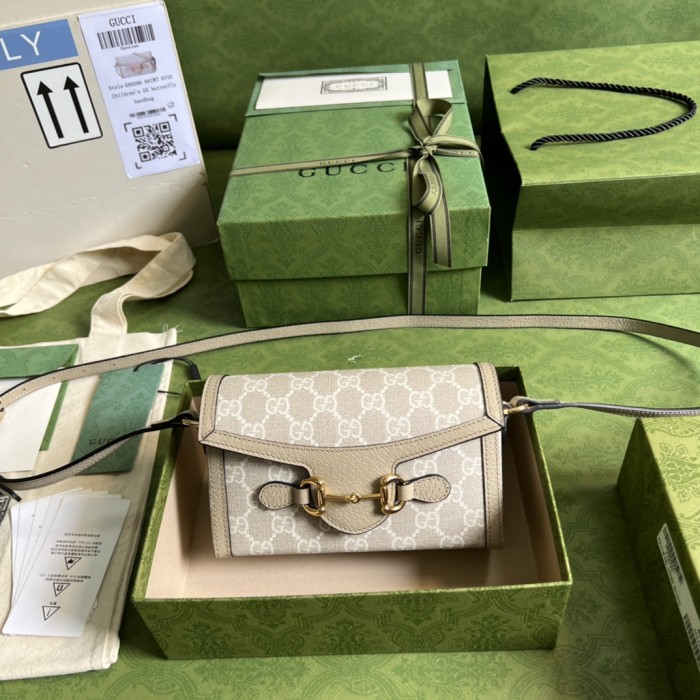 GUCCI Horsebit 1955 Canvas With Leather Trim Box Bag Shoulder Bag Crossbody Bag Mini Women's Beige/White 699296-UULBG-9683 size 18*5*12 cm