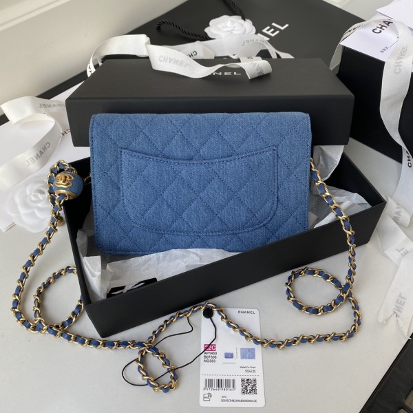 CHANEL Small Gold Ball WOC Velour Shoulder Bag, Crossbody Bag Women's Blue AP1450-B07306-NG353 size 19.2*3.5*12.3 cm