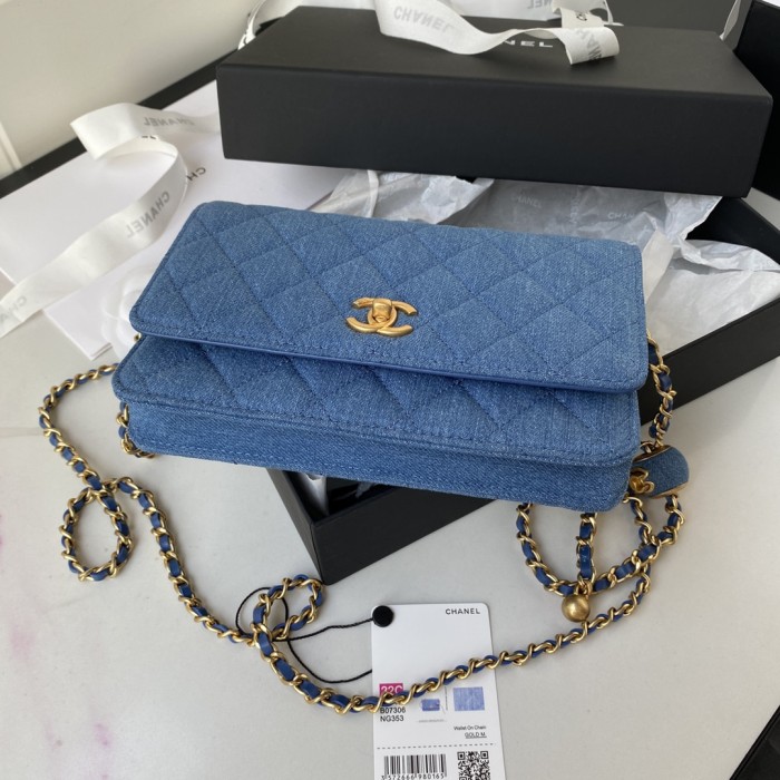 CHANEL Small Gold Ball WOC Velour Shoulder Bag, Crossbody Bag Women's Blue AP1450-B07306-NG353 size 19.2*3.5*12.3 cm
