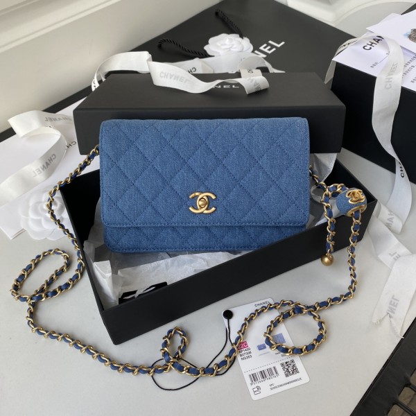 CHANEL Small Gold Ball WOC Velour Shoulder Bag, Crossbody Bag Women's Blue AP1450-B07306-NG353 size 19.2*3.5*12.3 cm