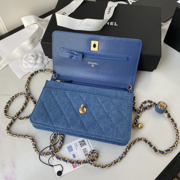CHANEL Small Gold Ball WOC Velour Shoulder Bag, Crossbody Bag Women's Blue AP1450-B07306-NG353 size 19.2*3.5*12.3 cm