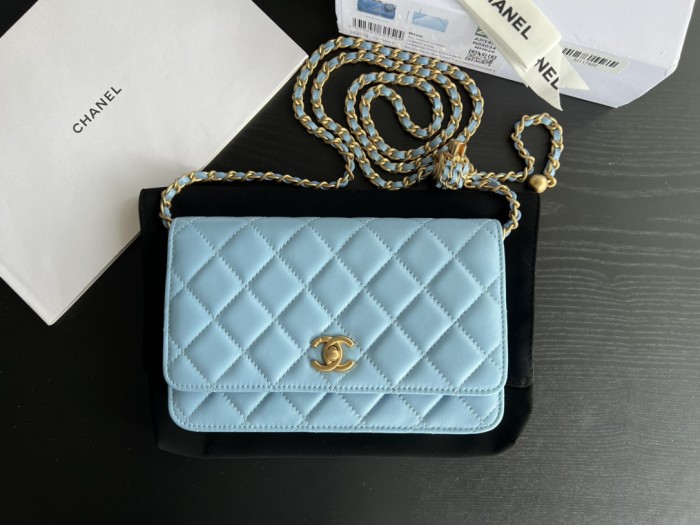 CHANEL 22SS Spring And Summer WOC Lambskin Wealth Bag Wallet Shoulder Bag Crossbody Bag Women's Babyblue Sky Blue AP1450-B08034-NH626 size 19*3*12.5cm